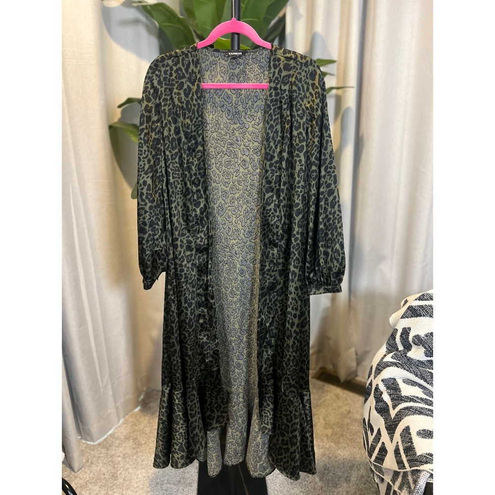 Express Leopard Print Duster Cardigan Olive Green Ruffle Hem Open Front Midi